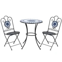 Set da Giardino 3 Pezzi con 2 Sedie Pieghevoli e 1 Tavolino Rotondo a Mosaico