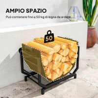 Porta Legna in Metallo con Borsa da Trasporto Rimovibile in Tessuto Oxford, 53x33x43 cm, Nero