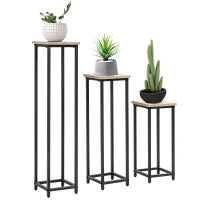 Set di 3 Supporti Porta Vasi da Fiori Impilabili Quadrati, Acciaio, 21 x 21 x 50/70/90 cm, Nero