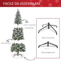 Albero di Natale Innevato Artificiale 180cm con Bacche Rosse e Pigne Bianche, Base Rimovibile Pieghevole, 618 Rami