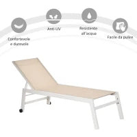 Lettino Prendisole con Schienale Reclinabile, in Alluminio e Textilene, 169x65x102 cm, Beige e Bianco