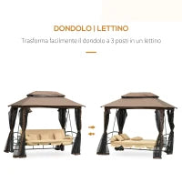 Dondolo 3 Posti da Giardino Convertibile in Lettino con Gazebo, con Zanzariera e Cuscini, 257x175x240cm Cachi