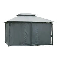 Gazebo Padiglione da Giardino in Stile Coloniale con Tetto Doppio e Tende Laterali, 3L x 4l x 2,8H m, Grigio