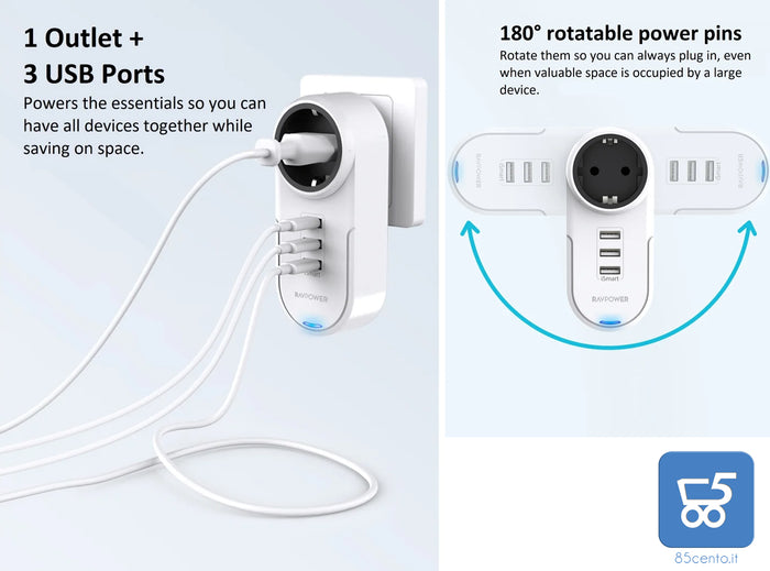 Adattatore 230V 16A con Presa Schuko 3 ingressi USB 3,4A Totale 5V da Parete