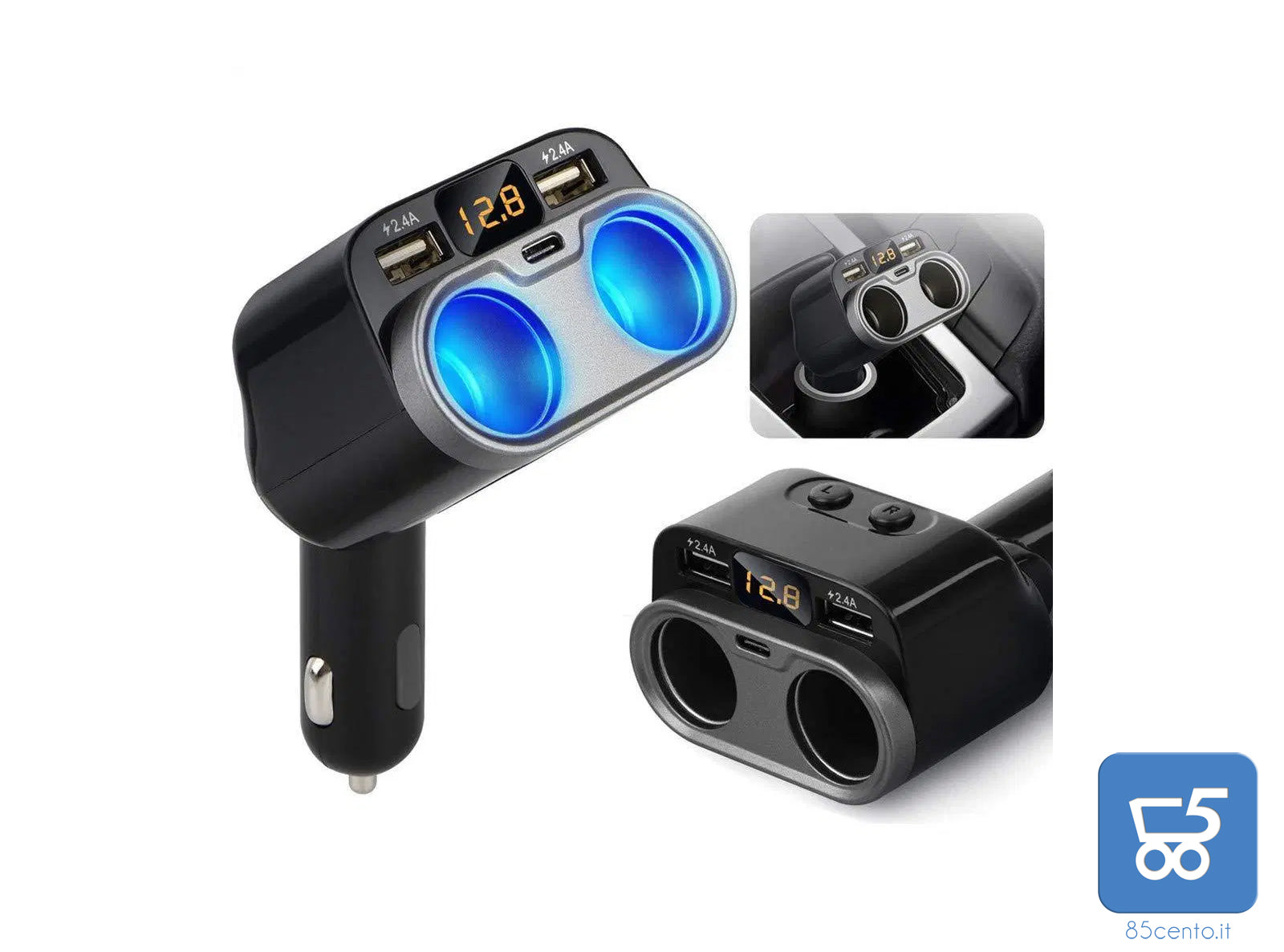 Adattatore 80W Presa Auto 2 prese Accendisigari 1 tipo C 2 porte USB Diplay Digitale