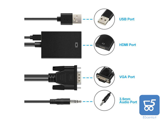 Adattatore Convertitore da VGA Maschio a HDMI Femmina con Adattatore Audio 1080P per PC Laptop a proiettore HDTV