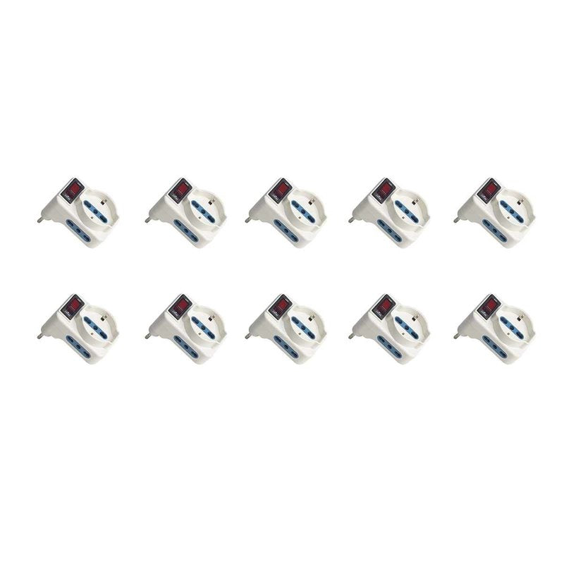 Adattatore Triplo con Interruttore Spina 10A con 2 Prese Bipasso 10A/16A e 1 Presa Universale 10A/16A Max 1500W Salvaspazio Bianco