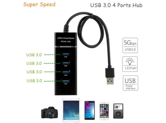 Adattatore USB HUB 3.0 a 4 Porte Espansore Splitter Multi USB con Adattatore di Alimentazione LED per PC 30cm