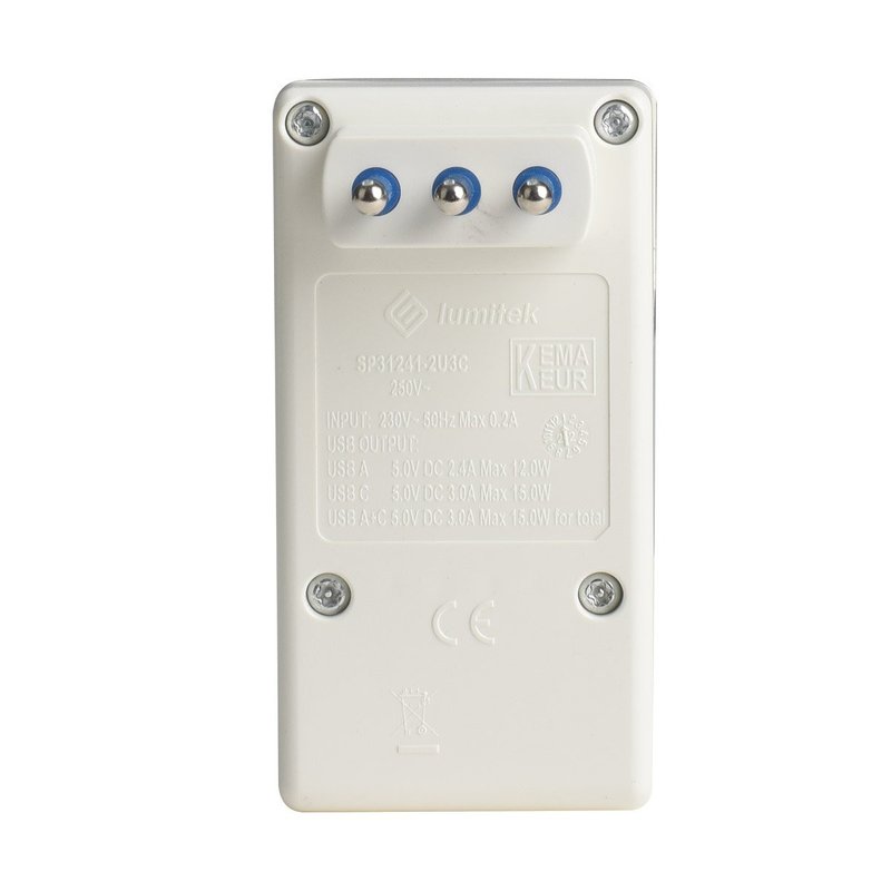 Adattatore con Interruttore Spina 10A con 2 Prese Bipasso 10A/16A 1 Presa Universale e 2 USB A 5V/3A 250V Max 1500W