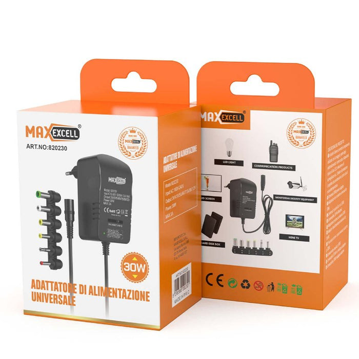 Adattatore di Alimentazione DC Universale - Output Regolabile da 3V a 12V, 30W, MAX 3A - Input AC 100V-240V con 6 Adattatori Inclusi