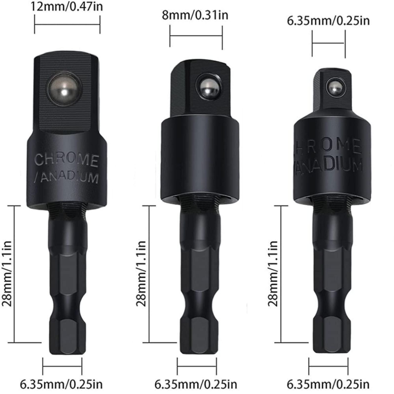Adattatori per prese oscillanti, attacco esagonale da 1/4" 3/8" 1/2" art.07735
