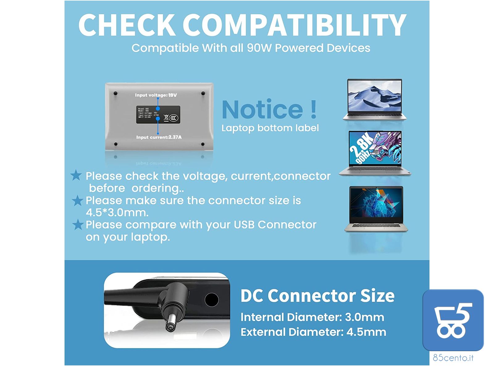 Addattatore alimentazione 90W 19V 4,74A compatibile ASUS connettore rotondo 4,5mm 3 mm SK90B190474