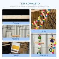 Gabbia per Uccelli con Scaletta, Altalena, Ciotole e Giochi, in Acciaio, PP e Legno, 46x36x100 cm, Nera
