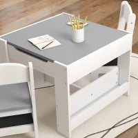 Set Tavolino per Bambini e 2 Sedie, Piano del Tavolo 3 in 1 con Lavagna e Contenitori, Grigio
