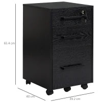 Cassettiera Portadocumenti da Ufficio Schedario con 3 Cassetti e Serratura, in Legno, Nero, 39.2 x 40 x 65.4cm