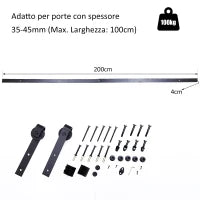 200cm Binario per Porta Scorrevole Kit Accessori con Binario e Rulli Portata 100kg Acciaio al Carbonio 200×4×0.6cm