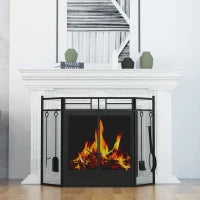 Parascintille Camino Moderno, Parafuoco Pieghevole con 2 Porte in Metallo Nero, 122x1.6x80cm