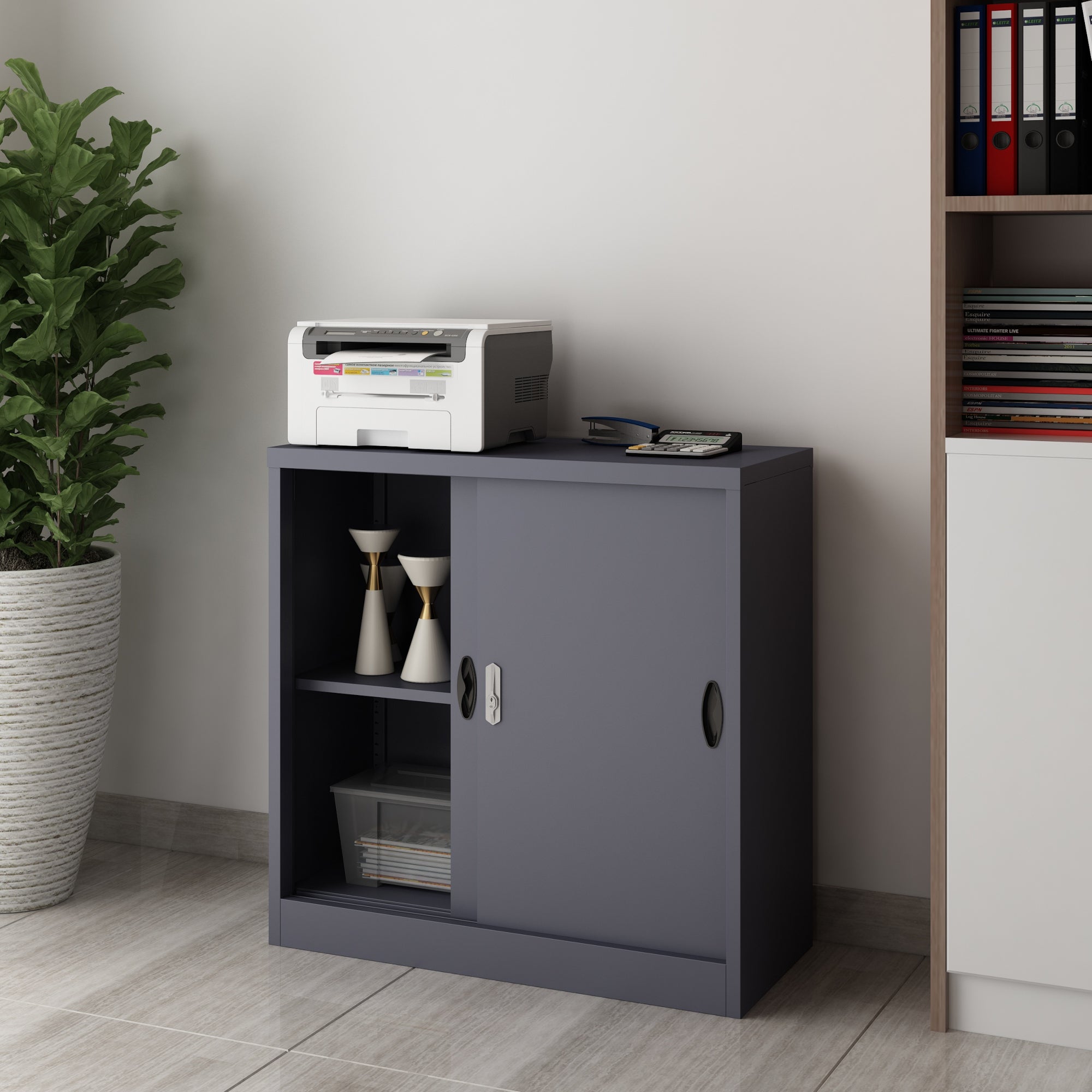 Armadietto da Ufficio Rieti 90x40x90 cm Ante Scorrevoli - Grigio scuro [en.casa]