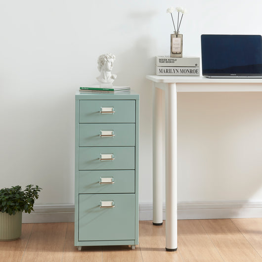 Cassettiera Kökar in Acciaio Mobile Archivio con 5 Cassetti e Rotelle - Menta Verde [en.casa]