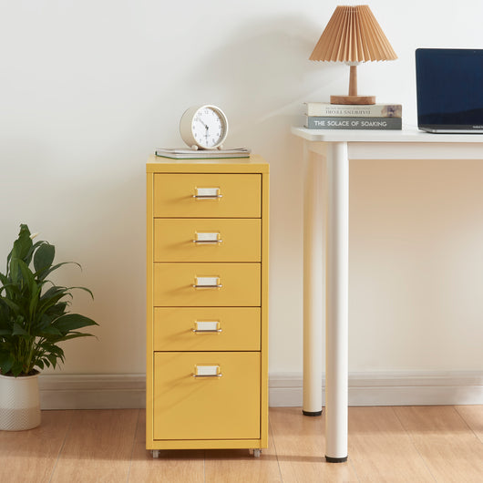Cassettiera Kökar in Acciaio Mobile Archivio con 5 Cassetti e Rotelle - Giallo [en.casa]