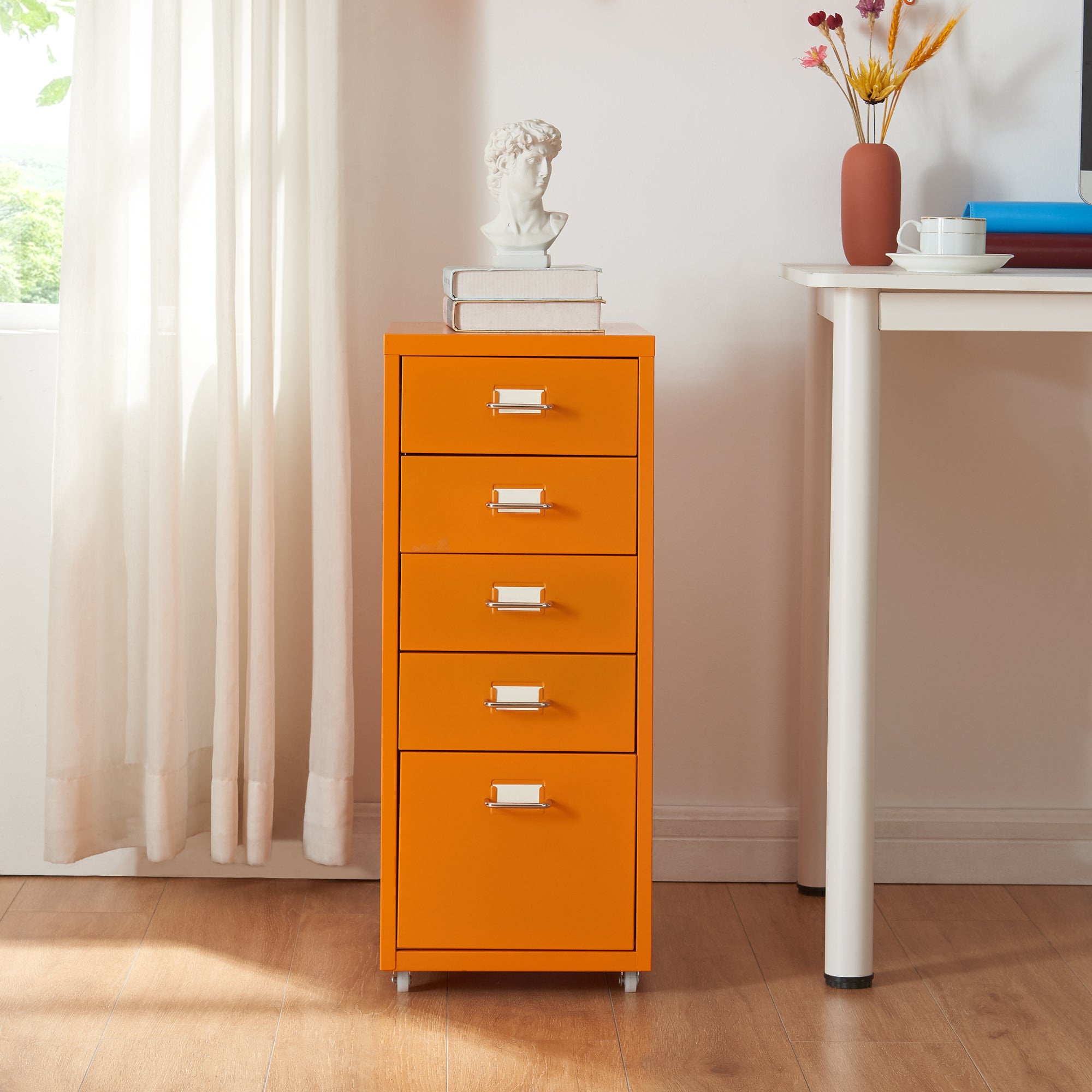 Cassettiera Kökar in Acciaio Mobile Archivio con 5 Cassetti e Rotelle - Arancione [en.casa]
