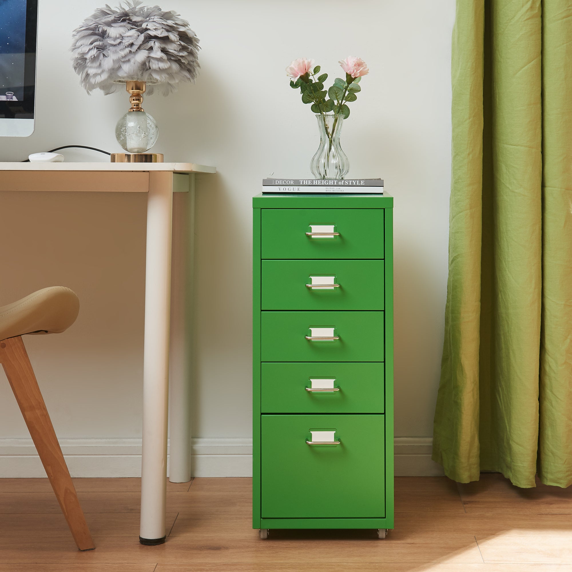 Cassettiera Kökar in Acciaio Mobile Archivio con 5 Cassetti e Rotelle - Verde Mela [en.casa]