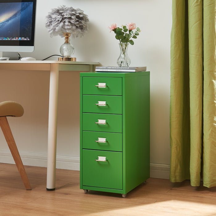 Cassettiera Kökar in Acciaio Mobile Archivio con 5 Cassetti e Rotelle - Verde Mela [en.casa]