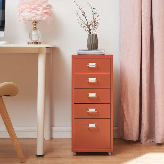 Cassettiera Kökar in Acciaio Mobile Archivio con 5 Cassetti e Rotelle - Rosso Mattone [en.casa]