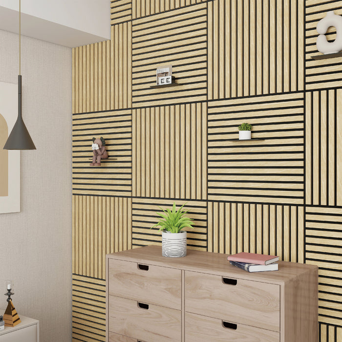 Set Vang di 4 Pannelli Murali 3D Fonoassorbenti 60x60 cm a Listelli Dritti Copertura 1,44 m² - Effetto Rovere Chiaro