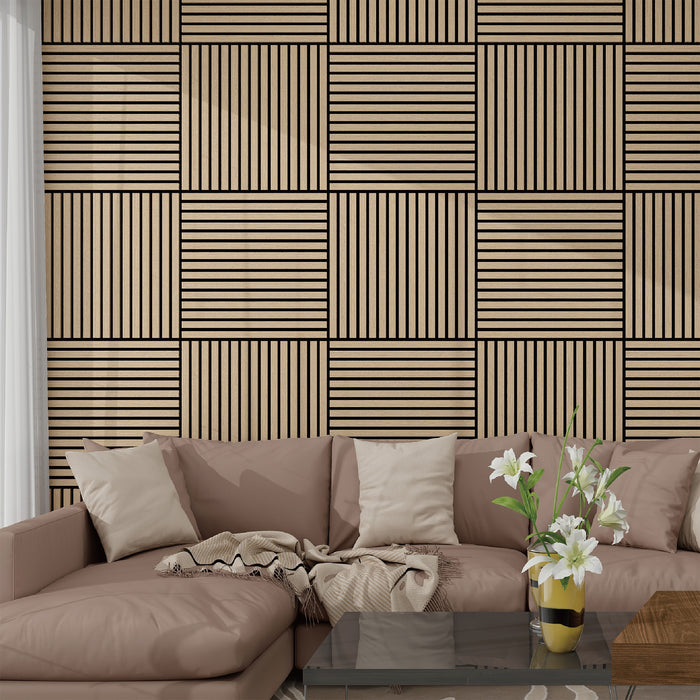 Set Vang di 12 Pannelli Murali 3D Fonoassorbenti 60x60 cm a Listelli Dritti Copertura 4,32 m² - Effetto Noce Chiaro