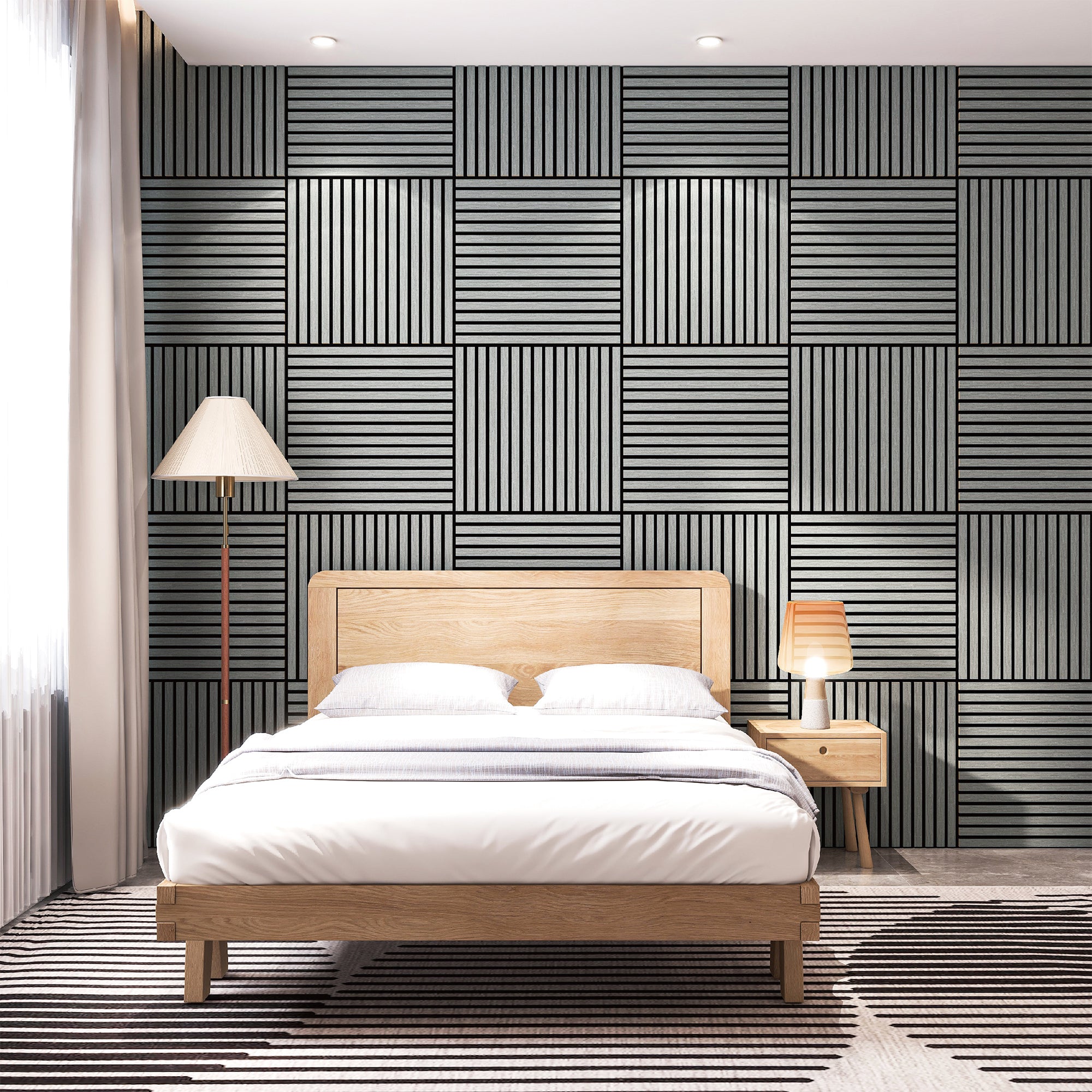 Set Vang di 16 Pannelli Murali 3D Fonoassorbenti 60x60 cm a Listelli Dritti Copertura 5,76 m² - Effetto Rovere Grigio