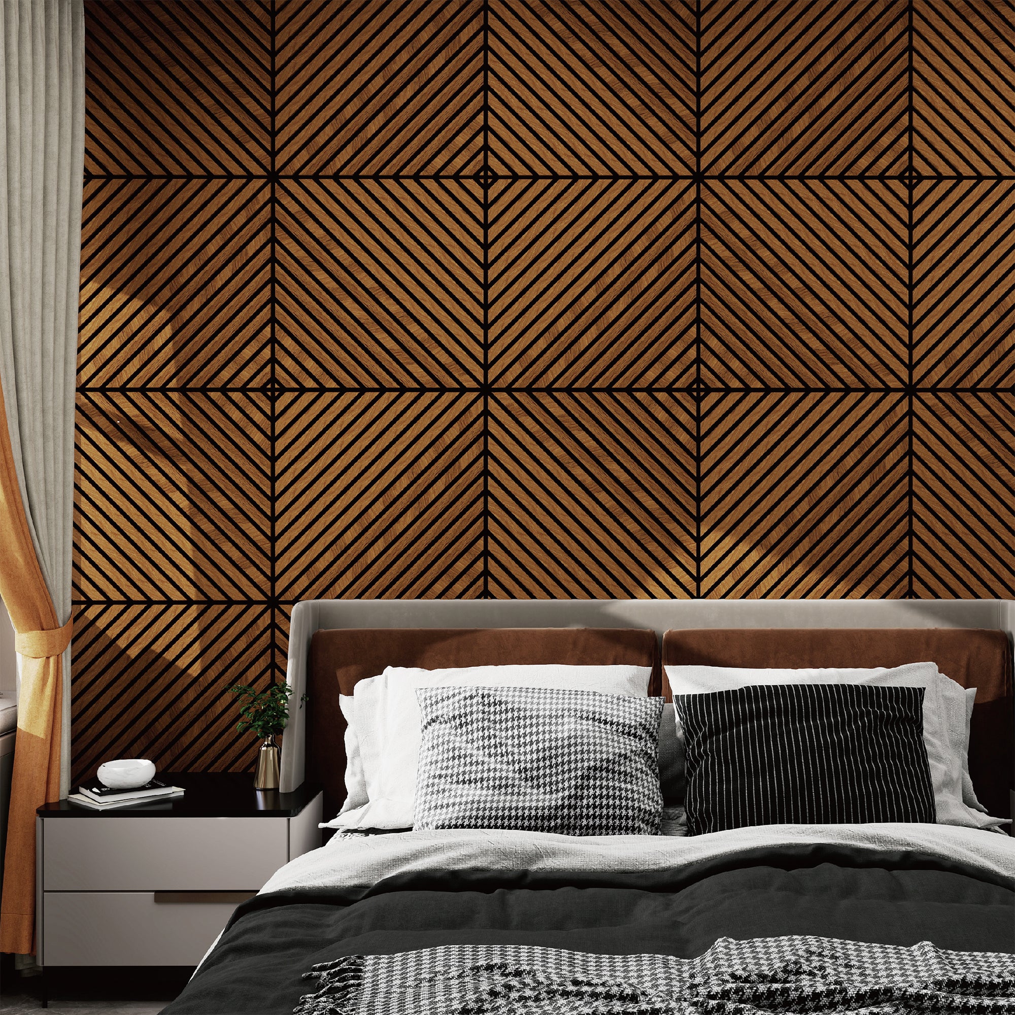 Set Vang di 12 Pannelli Murali 3D Fonoassorbenti 60x60 cm a Listelli Diagonali Copertura 4,32 m² - Effetto Legno Teak