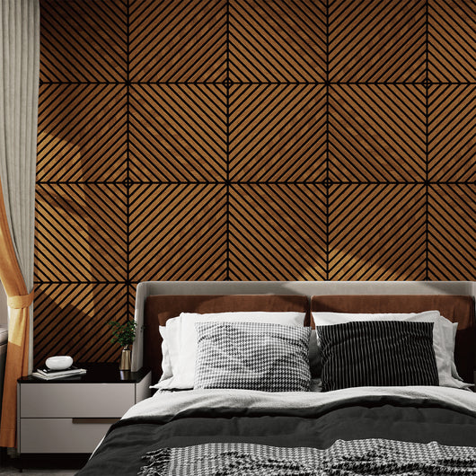 Set Vang di 12 Pannelli Murali 3D Fonoassorbenti 60x60 cm a Listelli Diagonali Copertura 4,32 m² - Effetto Legno Teak