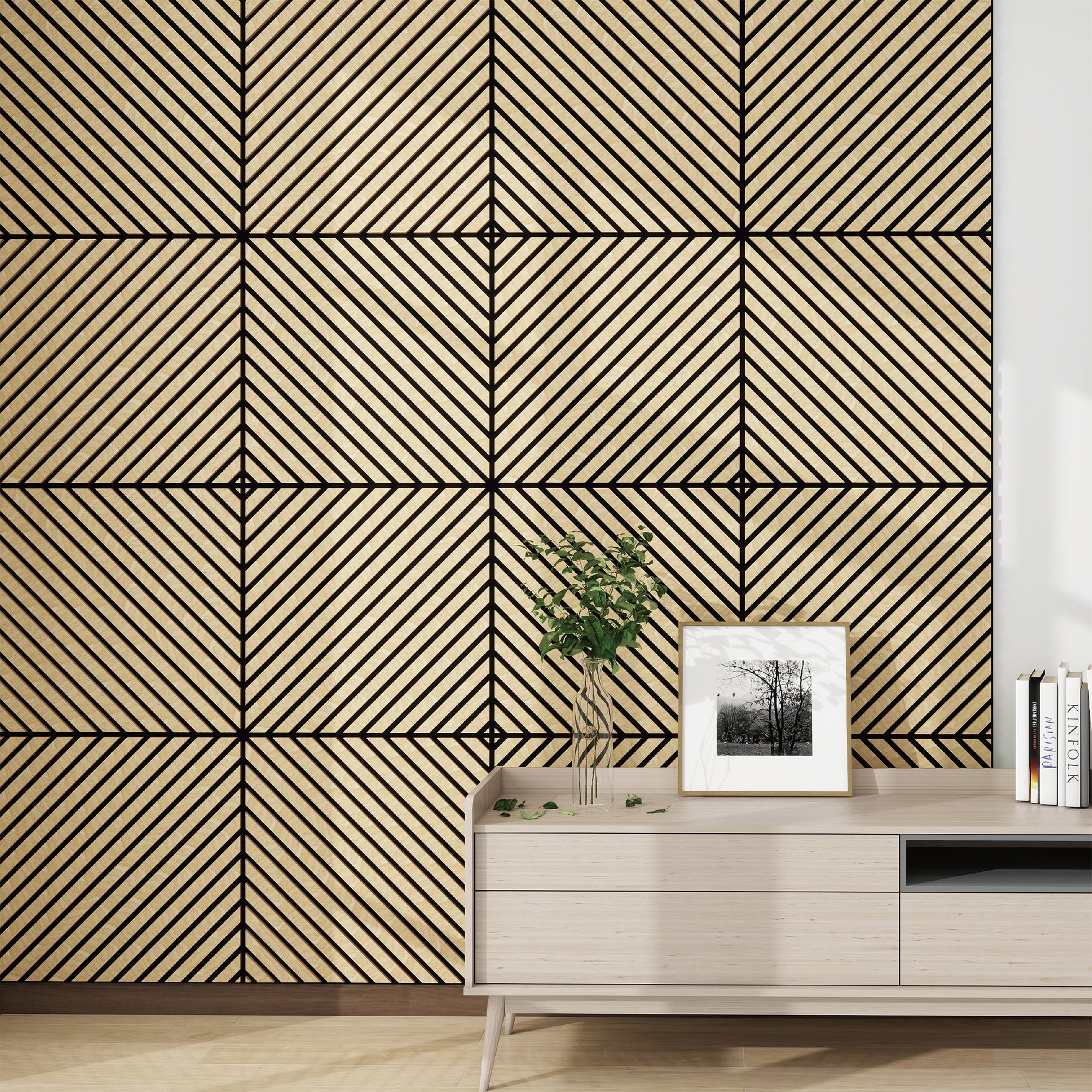 Set Vang di 12 Pannelli Murali 3D Fonoassorbenti 60x60 cm a Listelli Diagonali Copertura 4,32 m² - Effetto Rovere Chiaro