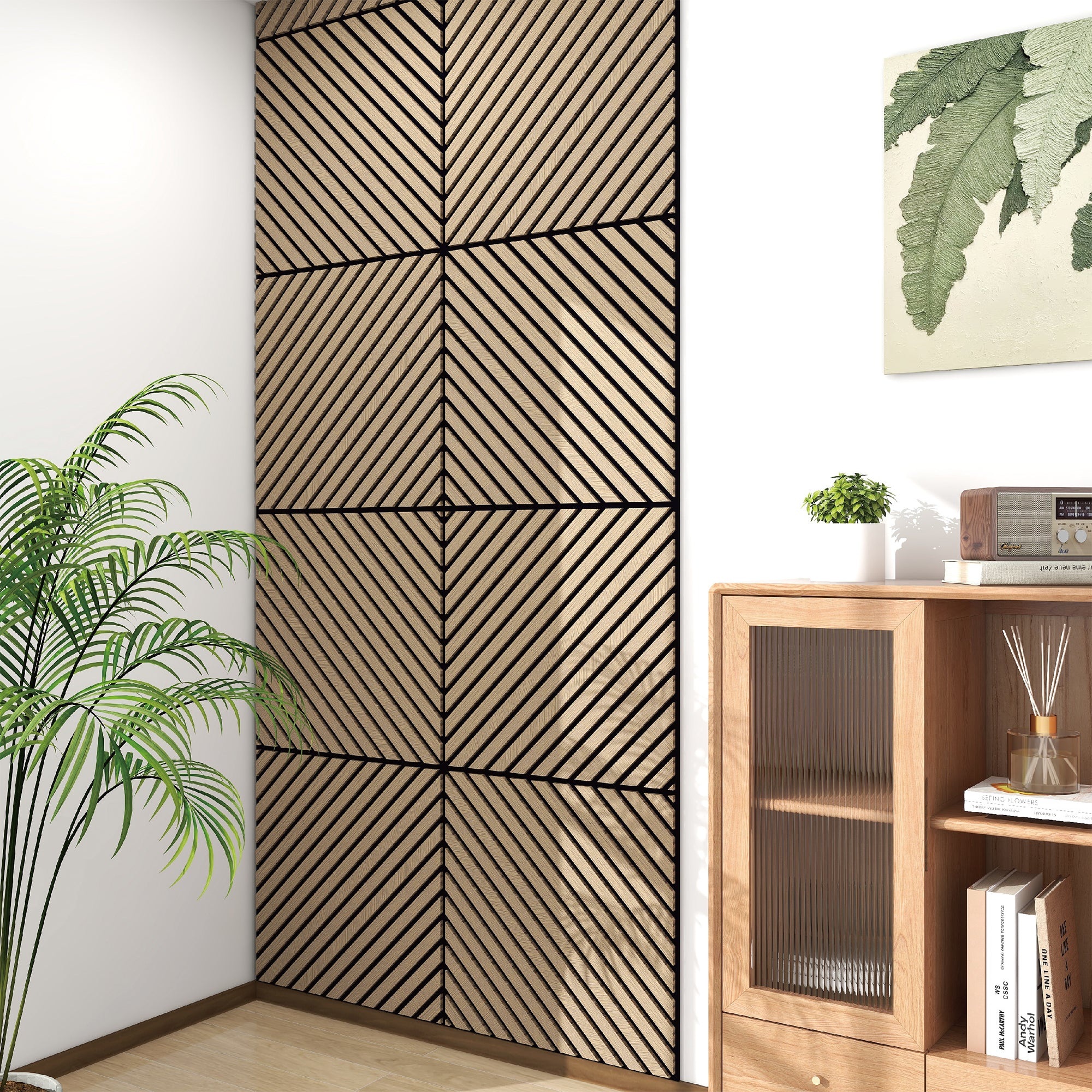 Set Vang di 12 Pannelli Murali 3D Fonoassorbenti 60x60 cm a Listelli Diagonali Copertura 4,32 m² - Effetto Noce Chiaro