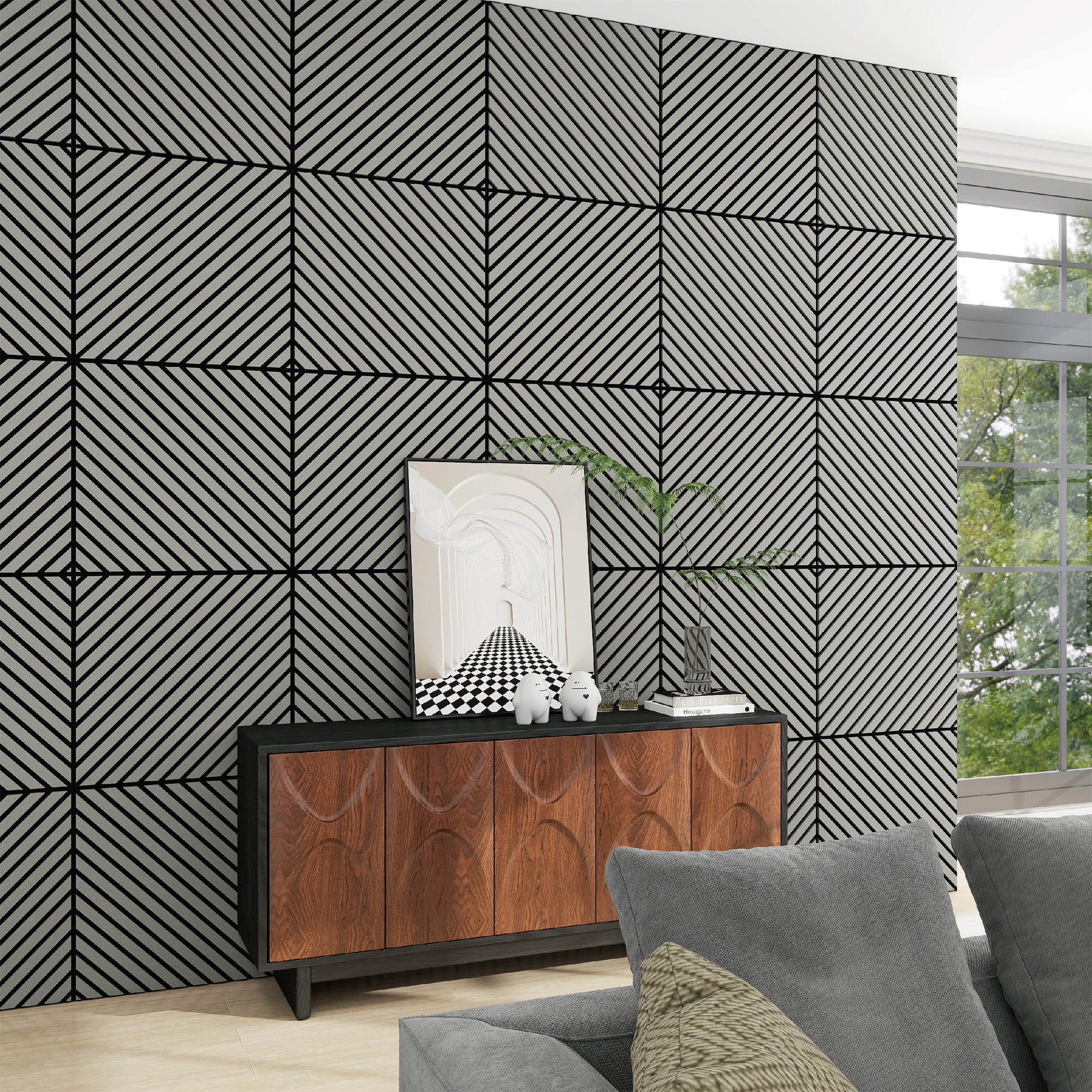 Set Vang di 12 Pannelli Murali 3D Fonoassorbenti 60x60 cm a Listelli Diagonali Copertura 4,32 m² - Effetto Rovere Grigio