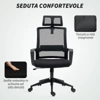 Sedia da Ufficio Ergonomica con Poggiatesta e Altezza Regolabili, Funzione Dondolo e Ruote, Nero