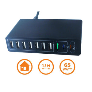 Alimentatore Caricabatterie USB da Muro 65W 2 USB Type C PD 1 USB QC3,0 7 USB Smart