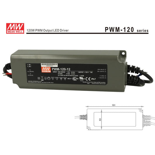 Alimentatore Led MW MEAN WELL PWM-120-12 Dimmerabile 120W 12V IP67 Dimming 3 in 1 0-10V 10V PWM Resistance