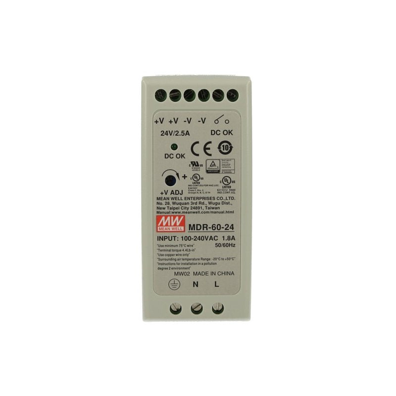 Alimentatore Rotaia Industriale MW MEAN WELL MDR-60-24 60W 24V 2,5A Barra Guida DIN Rail Single Power Supply Input 220V 110V