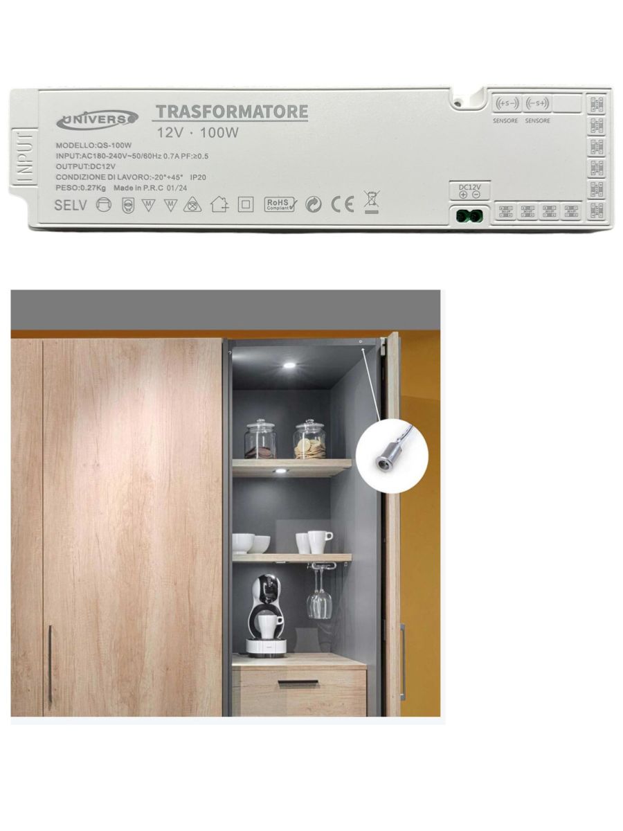 Alimentatore Trasformatore 12V 100W per Strisce LED 12V per Sensori di Movimento Mobili Armadi