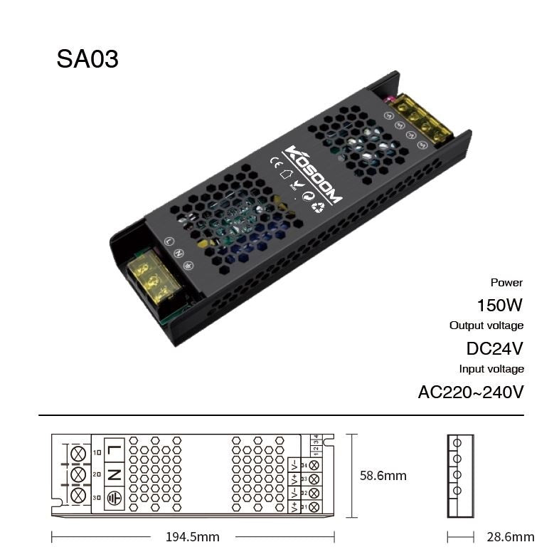 Alimentatore Trasformatore Dimmerabile da 150W robusto e affidabile per le tue applicazioni Tensione 24V SA03