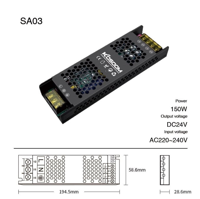 Alimentatore Trasformatore Dimmerabile da 150W robusto e affidabile per le tue applicazioni Tensione 24V SA03
