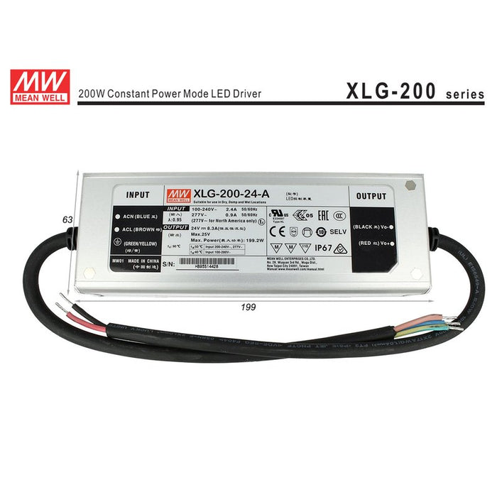 Alimentatore Trasformatore MW MEAN WELL Impermeabile IP67 24V 200W 8,3A XLG-200-24-A