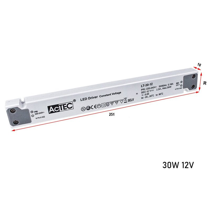 Alimentatore Ultra Slim Sottile 30W 12V Trasformatore CV Per Striscia Led Profili Alluminio