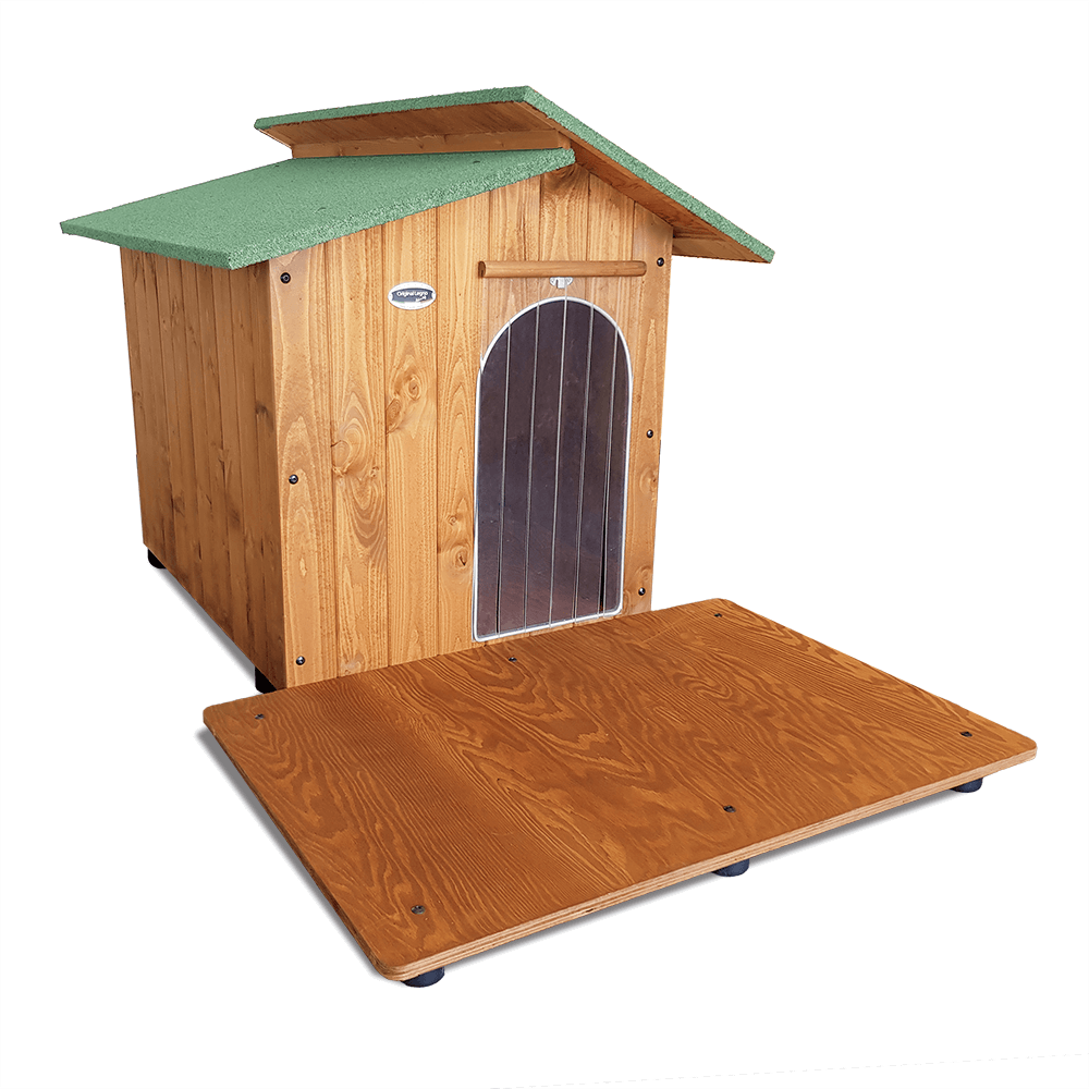 CUCCIA IN LEGNO PER CANI DA ESTERNO MODELLO ALPI CON DAVANZALE C-ALANO  CON "TENDINA OMAGGIO" L.115 x P.190 x H.108