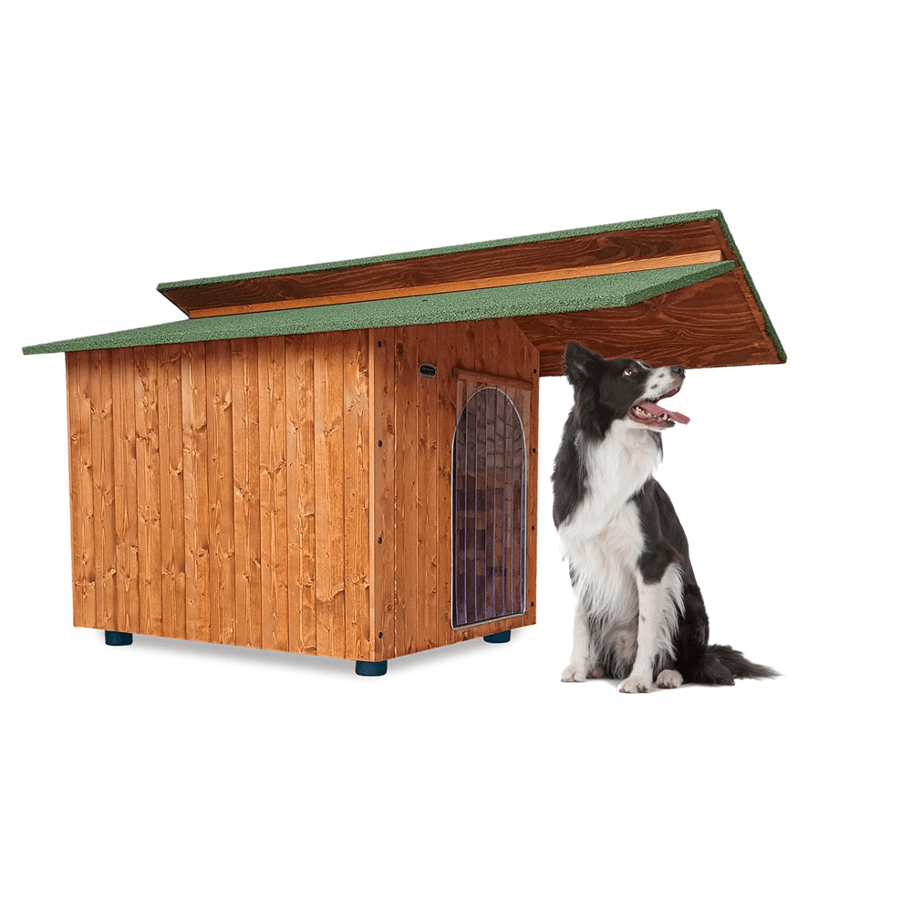 CUCCIA IN LEGNO PER CANI DA ESTERNO MODELLO ALPI CON PENSILINA B-BARBONCINO CON "TENDINA OMAGGIO" L.60 x P.100 x H.62