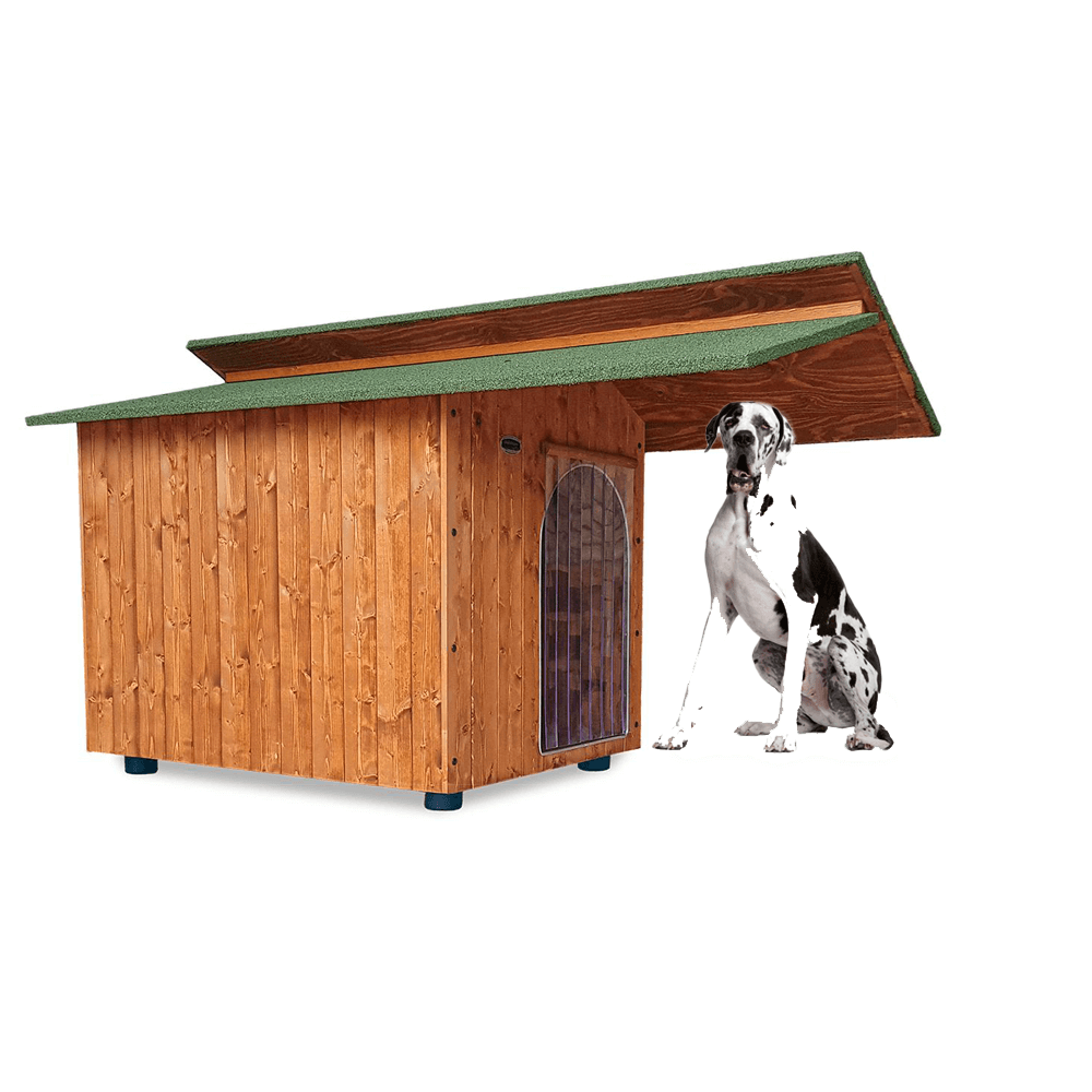 CUCCIA IN LEGNO PER CANI DA ESTERNO MODELLO ALPI CON PENSILINA E-ALANO CON "TENDINA OMAGGIO" L.102 x P.180 x H.108