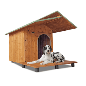 CUCCIA IN LEGNO PER CANI DA ESTERNO MODELLO ALPI CON PENSILINA E DAVANZALE E-ALANO CON "TENDINA OMAGGIO" L.115 x P.190 x H.108