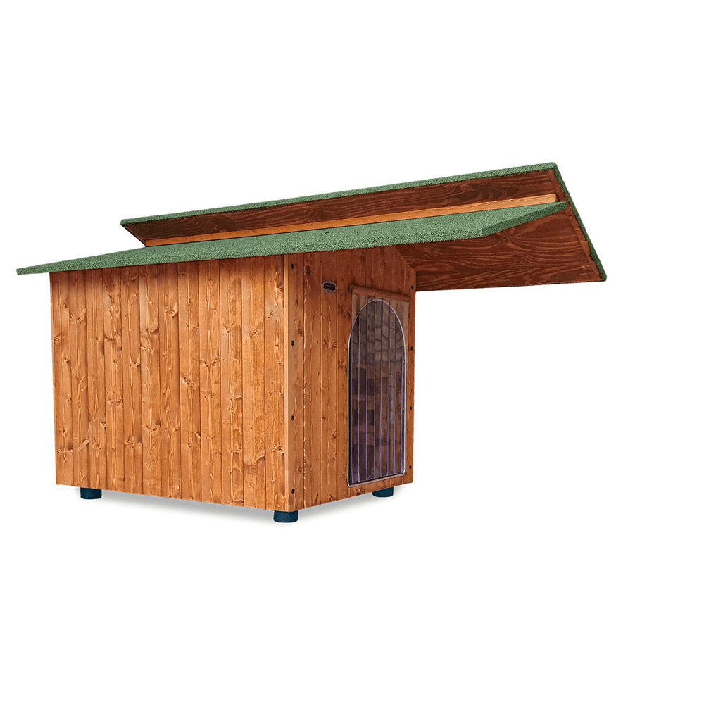 CUCCIA IN LEGNO PER CANI DA ESTERNO MODELLO ALPI CON PENSILINA D-PASTORE CON "TENDINA OMAGGIO" L.90 x P.155 x H.95